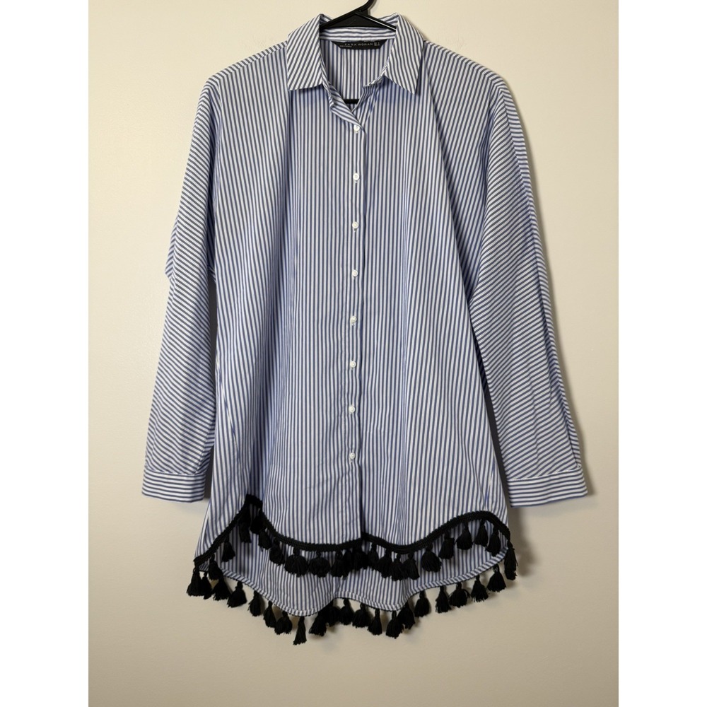 Zara Woman Striped Oversized Longline Tassel Fringe Hem Button-Down Shirt Small